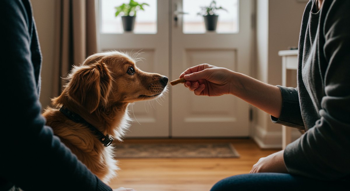 Experienced dog owner training their dog to greet guests politely with positive reinforcement.