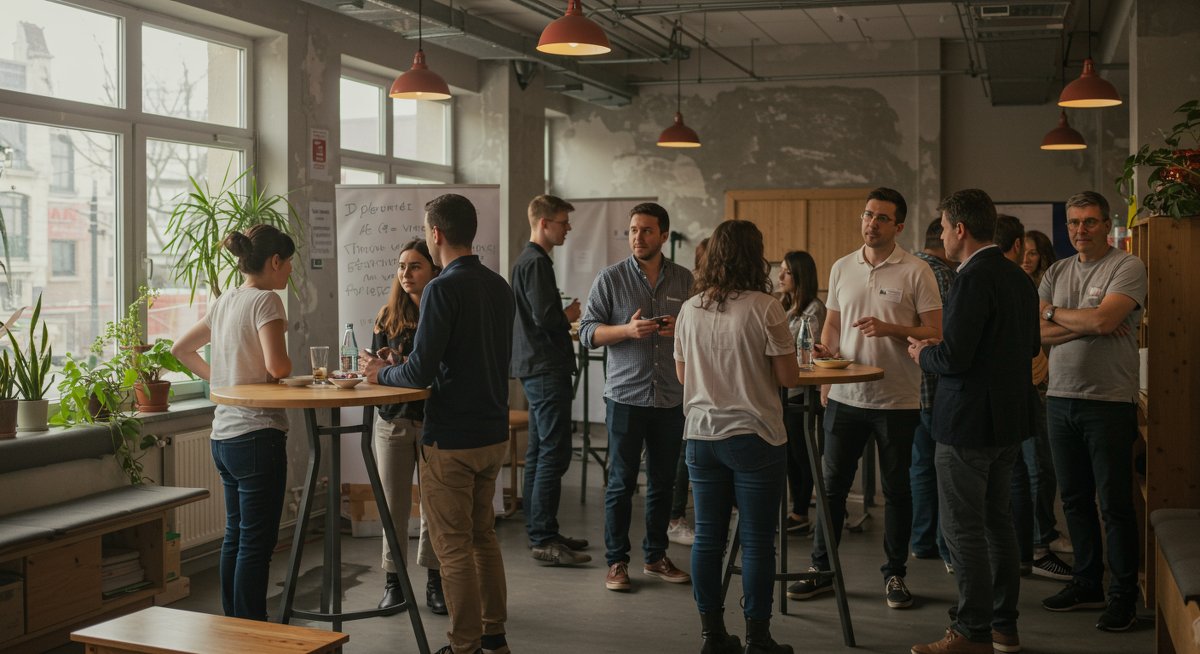Digital nomads in co-living space community event with modern interior, natural lighting, communal tables, and plants