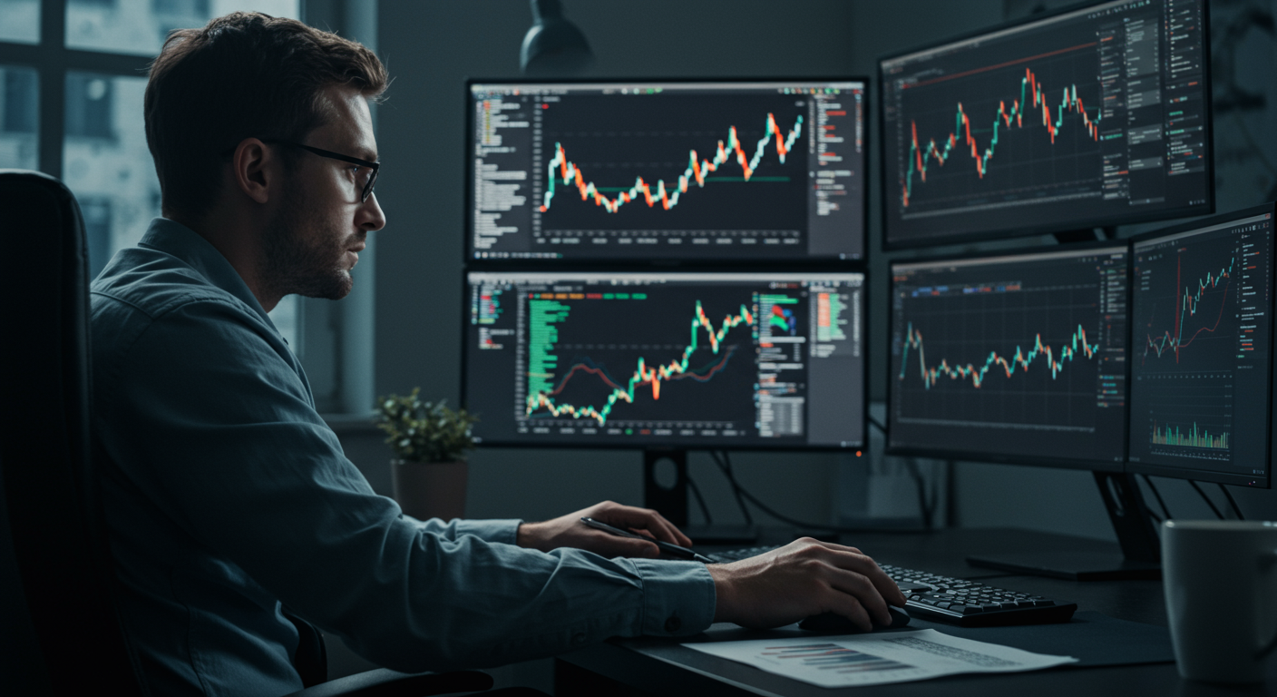 Advanced crypto trader analyzing global market trends and Bitcoin price charts for optimal sell timing