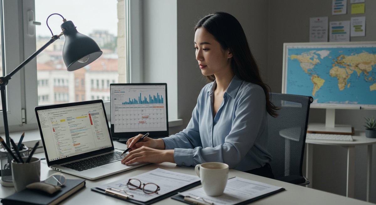 Digital nomad tax planning - experienced woman working on tax documents at modern co-working space with world map and calendar