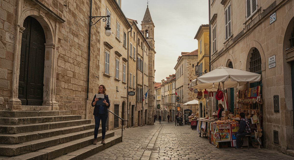 Confident female traveler using tablet to book activities in historic city square with traditional architecture and street vendors