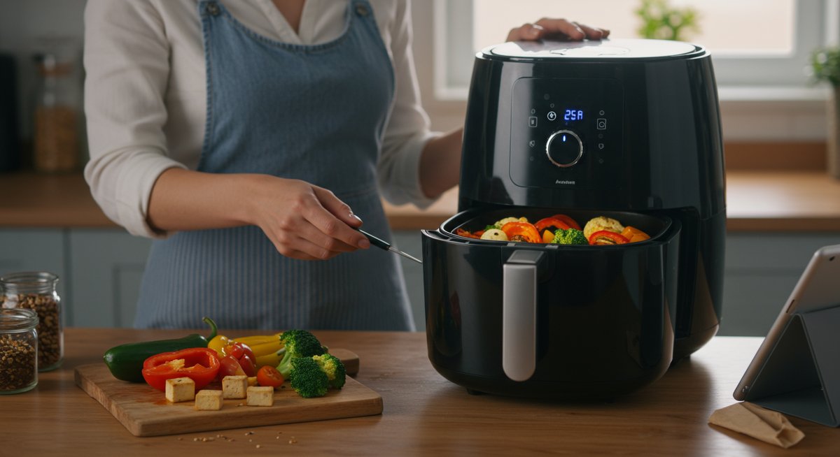 Healthy air fryer meal with vibrant vegetables and tofu, modern kitchen setting, recipe tablet nearby