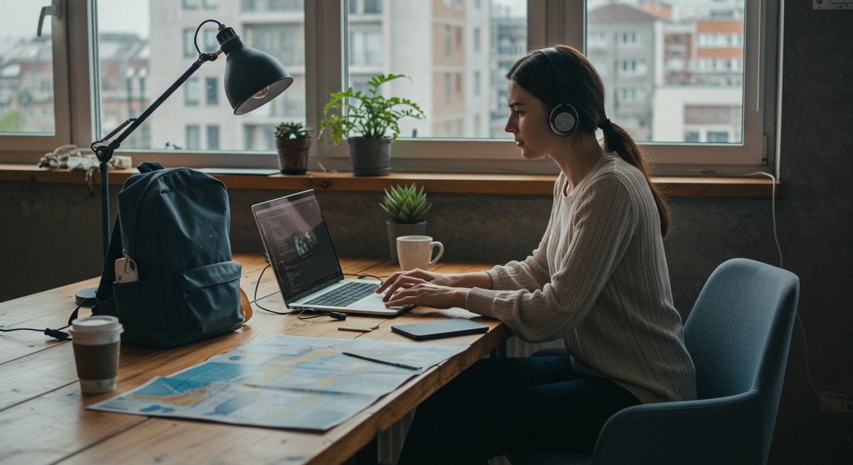 Digital nomad setting up a functional mobile office with essential tech gear in a modern co-working space