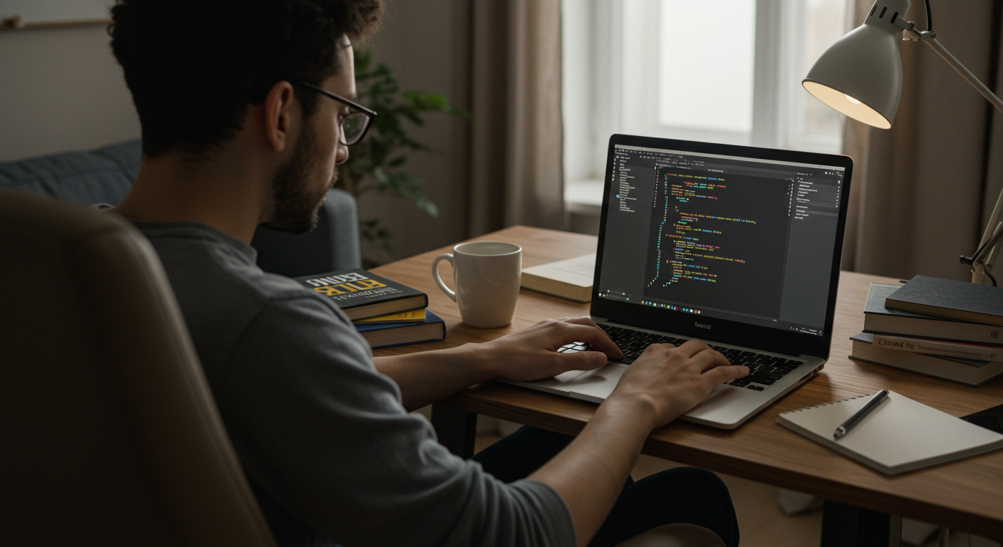 Career-changer learning Python programming on a laptop in a home office, focused and determined, with open books and a coffee, emphasizing active learning and career transition.