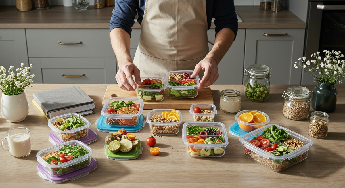 Professional clean kitchen scene showing organized healthy meal prep containers with fresh ingredients and prepped lunches, highlighting easy healthy lunch ideas for intermediate chefs