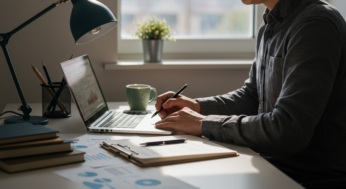 Financial expert planning investment strategies in a minimalist office. Focus on wealth building and financial goal setting.