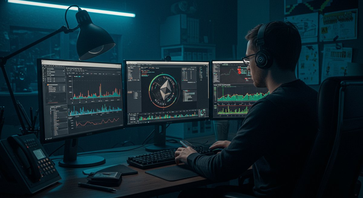 Crypto trader analyzing Monero attack effects on Ethereum security with dual screen setup and hardware wallet
