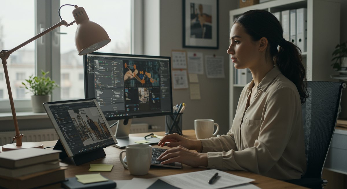 Professional woman in modern workspace organizing digital files with project management software, Pomodoro timer, and focus techniques article on tablet - digital distraction elimination strategy