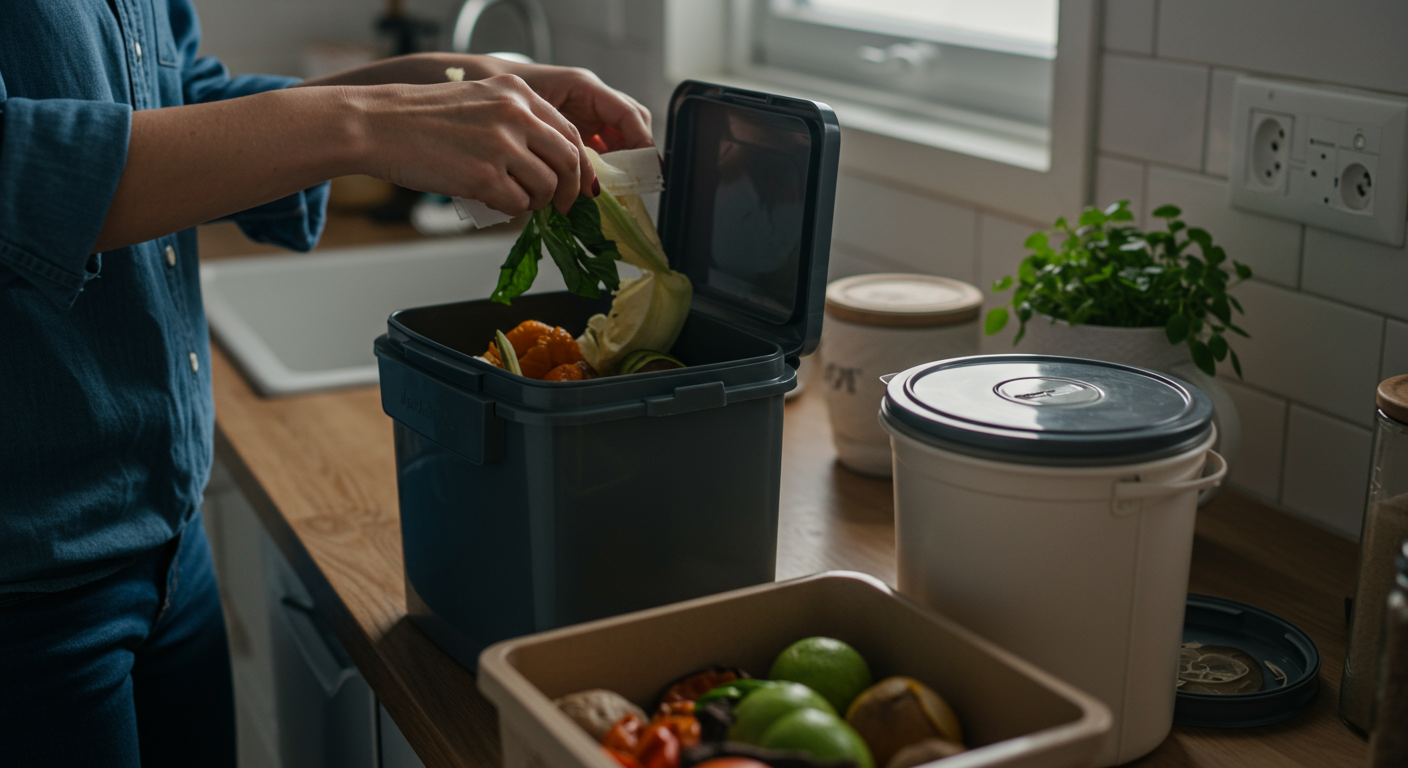 A person sorting food scraps into a compost bin in a modern, eco-friendly kitchen, showcasing zero waste practices and reducing food waste.
