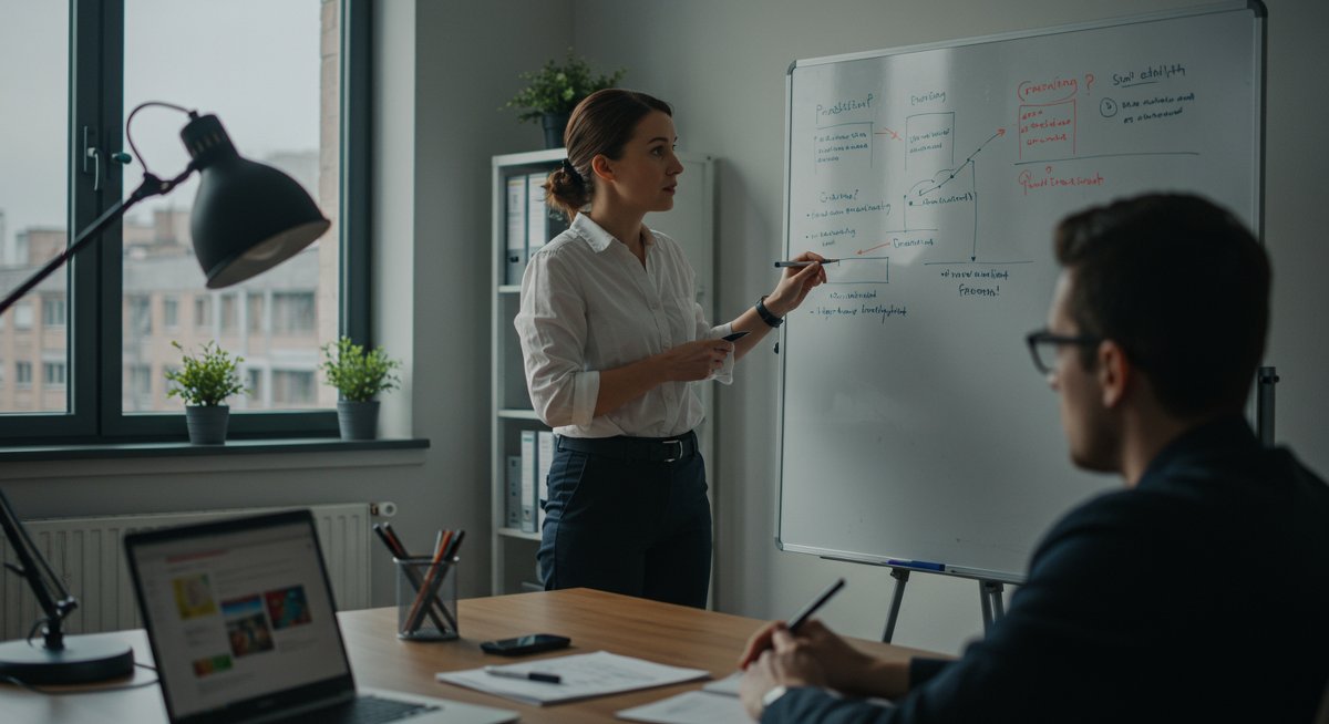 Professional woman demonstrating problem-solving skills in modern office environment with whiteboard and organized workspace