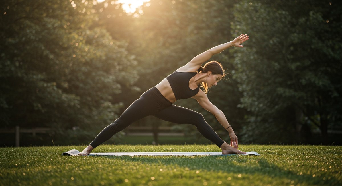 Woman doing yoga outdoors with natural lighting