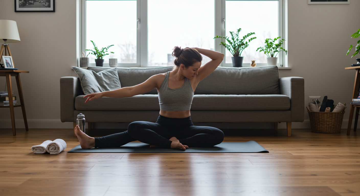Beginner-friendly flexibility exercise at home. A person performs a seated forward fold stretch on a yoga mat in their living room, promoting home fitness and improved mobility.
