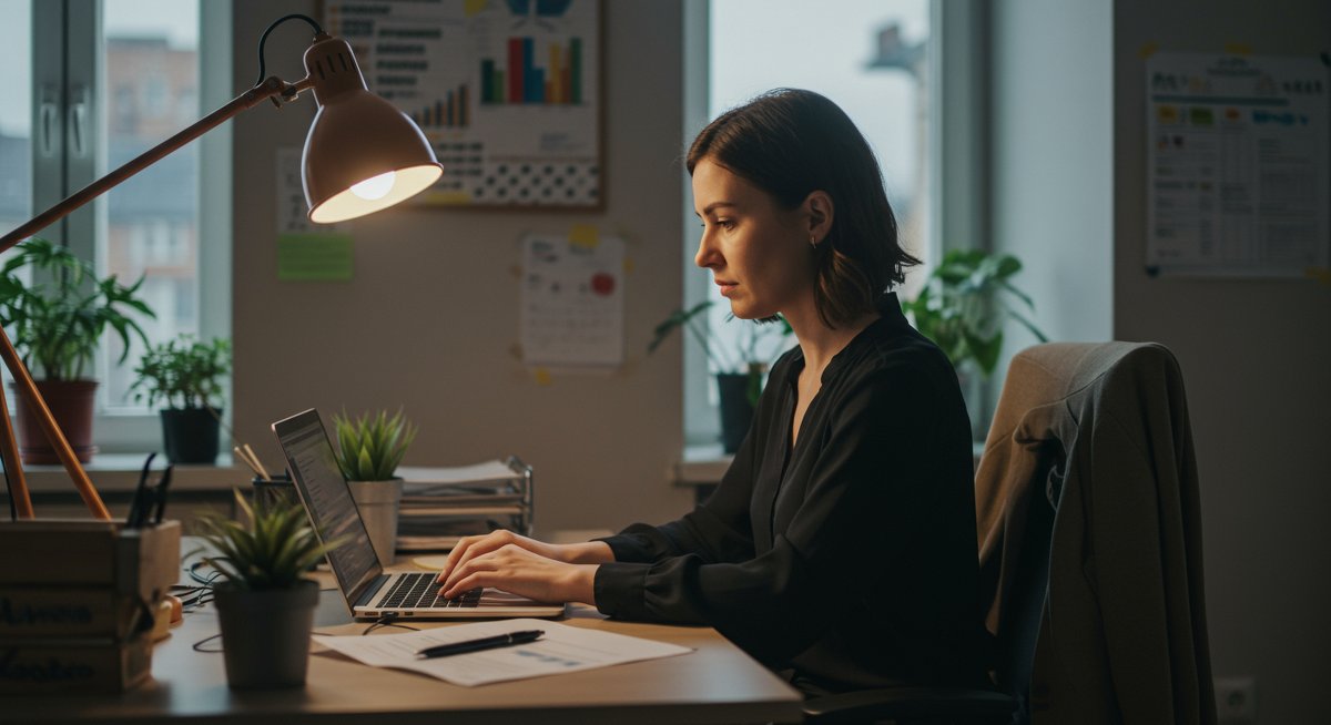 Career-focused woman using laptop for job search in sustainable office environment