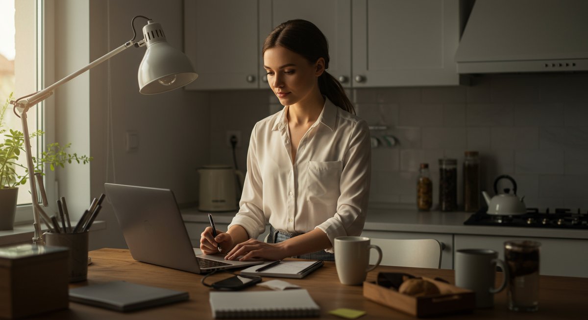 Young woman organizing her workspace in a modern kitchen, demonstrating minimalist lifestyle habits for stress reduction