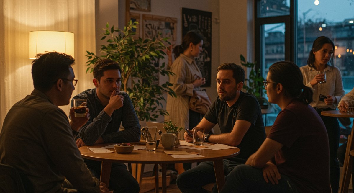 Digital nomads building community in a co-living space with modern decor and natural lighting