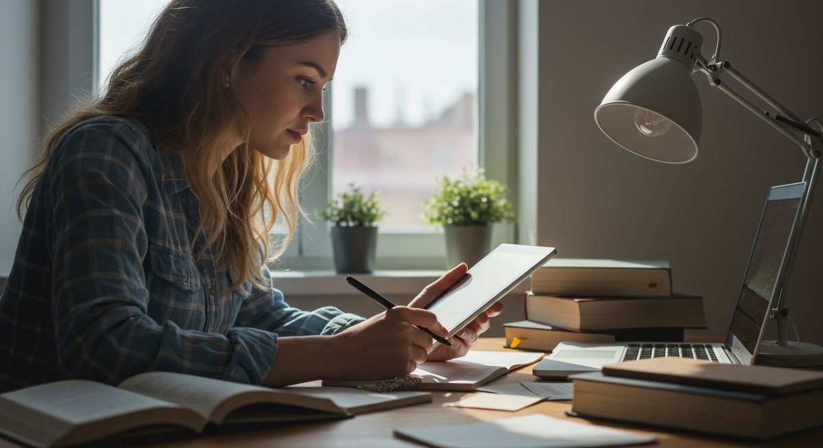 Student engaged in effective note-taking with digital and physical tools in a modern study space