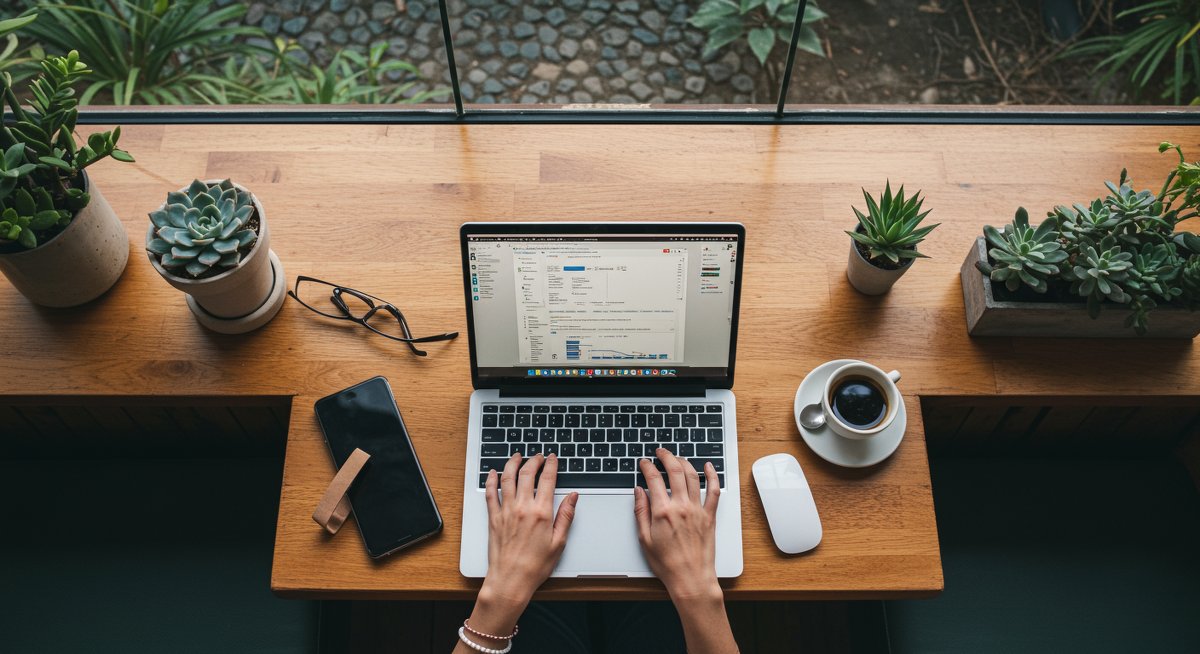 A serene overhead shot of a minimalist mobile office setup featuring a laptop, portable monitor, ergonomic mouse, and woman's hands typing in a cafe with natural light streaming in through large windows. Tropical colors create a vibrant and welcoming atmosphere.