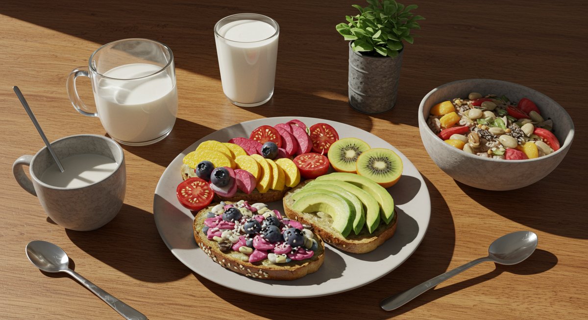 Delicious vegan breakfast featuring fresh fruit, avocado toast, and plant-based milk in modern kitchen with natural light