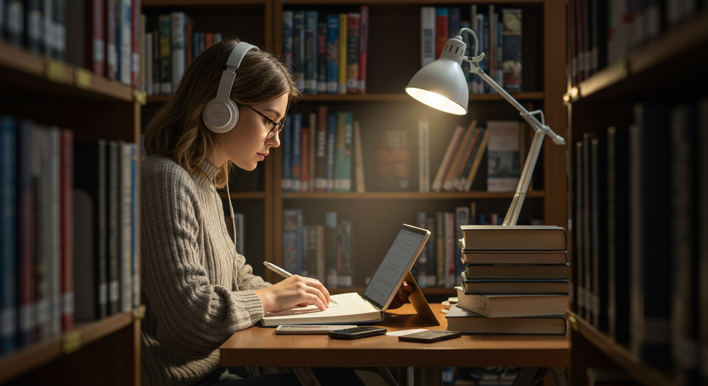 A student in a library deeply focused on studying, using a laptop and a planner, with headphones on. The scene is illuminated by bright morning light, with a focus on energy management and productivity.