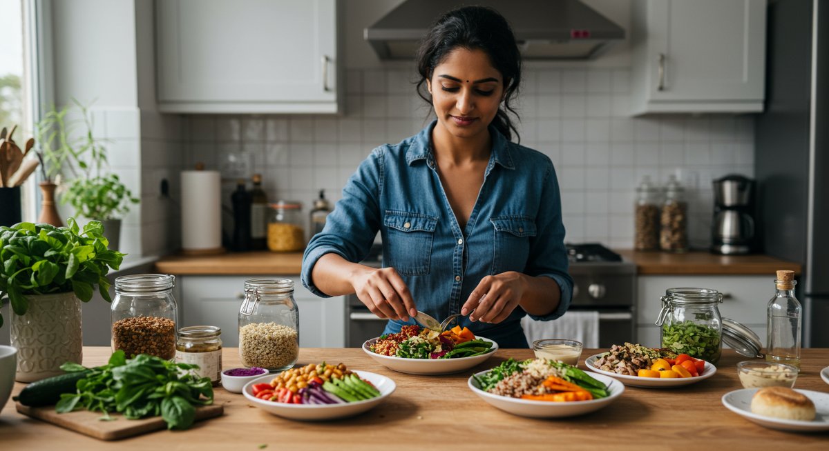 Professional vegan lunch photography showcasing a vibrant quinoa bowl with roasted vegetables, chickpeas, and tahini, set in a modern kitchen with fresh herbs and glass jars