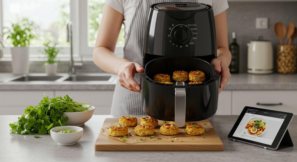 Healthy air fryer recipe for beginners: crispy tofu and vegetable bites with fresh herbs, modern kitchen setup, natural lighting, clean white countertops, digital recipe tablet