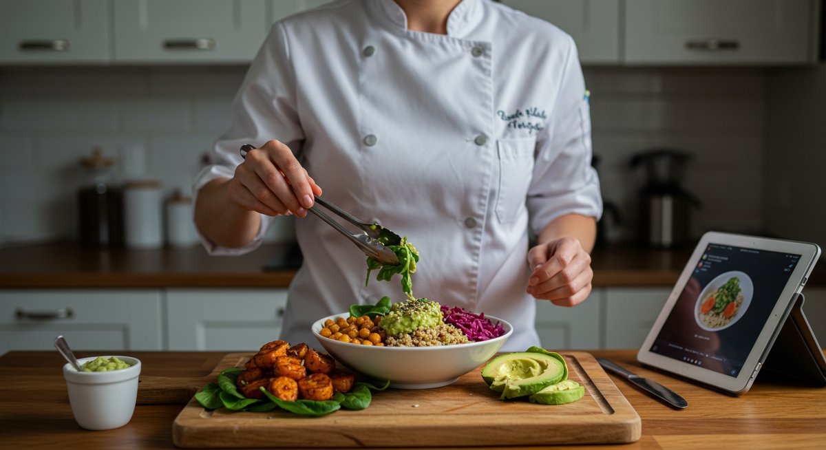 Delicious high-protein vegan meal featuring quinoa, chickpeas, spinach, avocado, and tahini, prepared by a professional chef in a modern kitchen