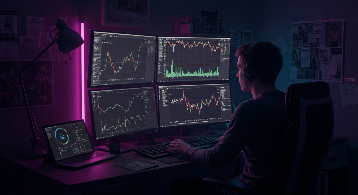 Bitcoin trader analyzing $80K whale sale patterns on dual monitors with glowing crypto charts and hardware wallet in dark room