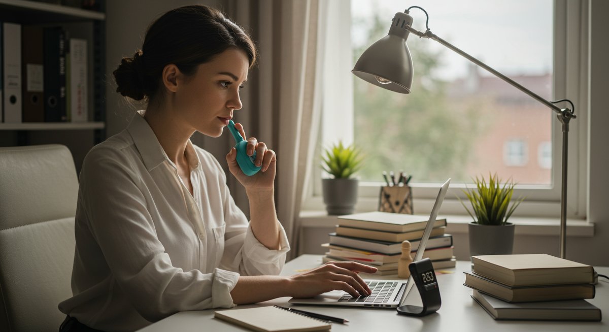 Professional woman working in modern home office with Pomodoro timer, laptop, and notebook under natural light