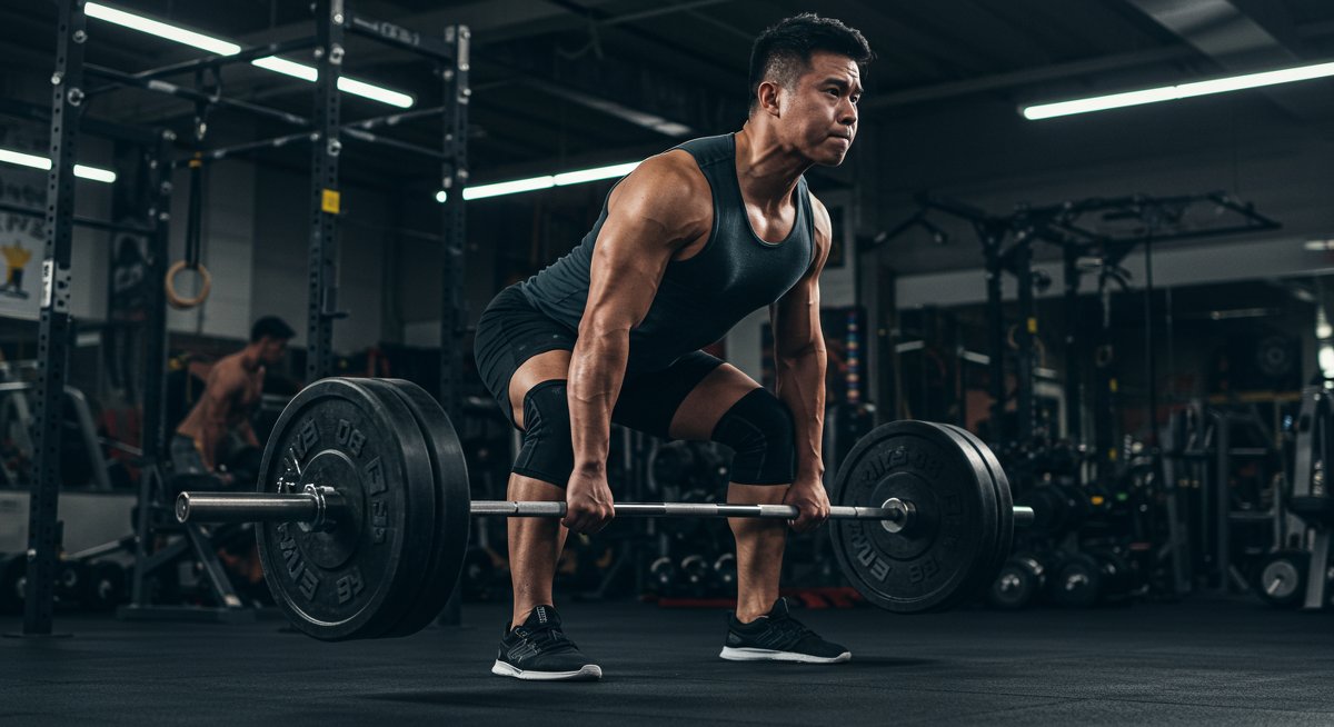 Athlete doing deadlifts in gym with focused expression