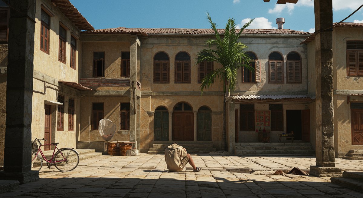 Budget traveler using tablet to compare hotel deals in local market setting with Southeast Asia