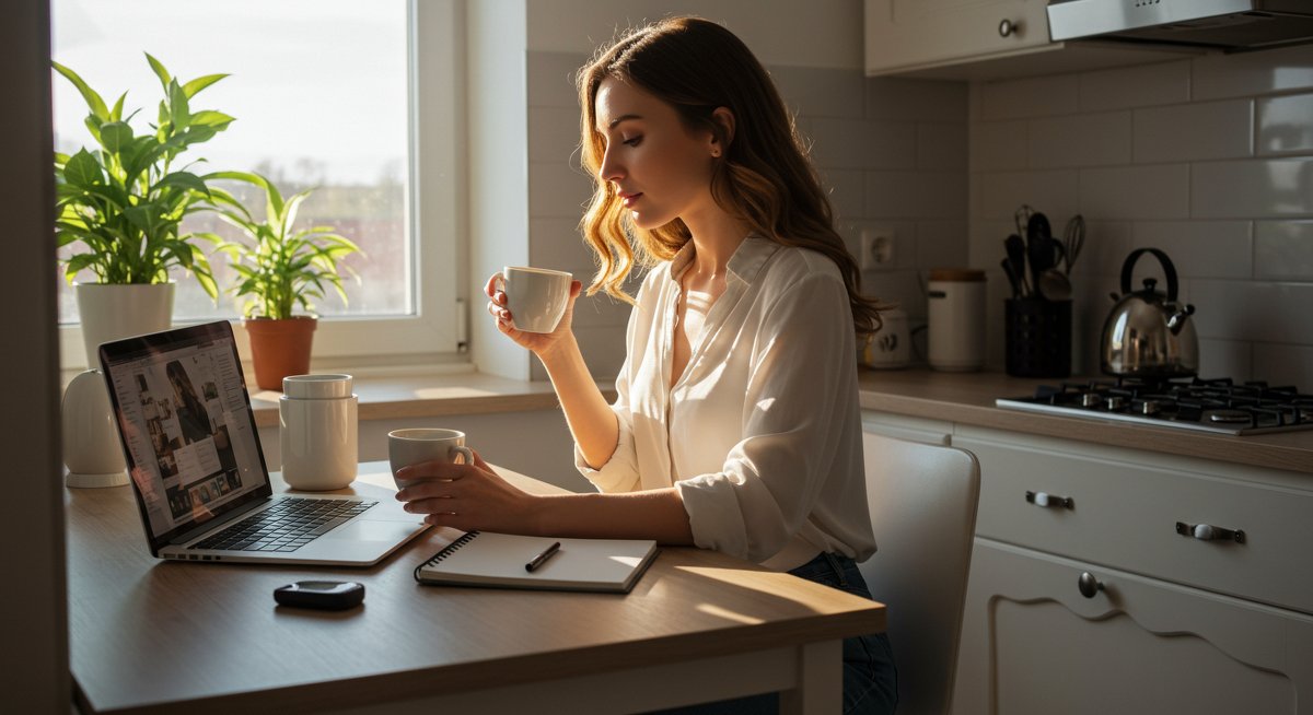 Time-saving minimalist morning routine: woman in modern kitchen with laptop, coffee, and planner showing efficient, stress-free start to day