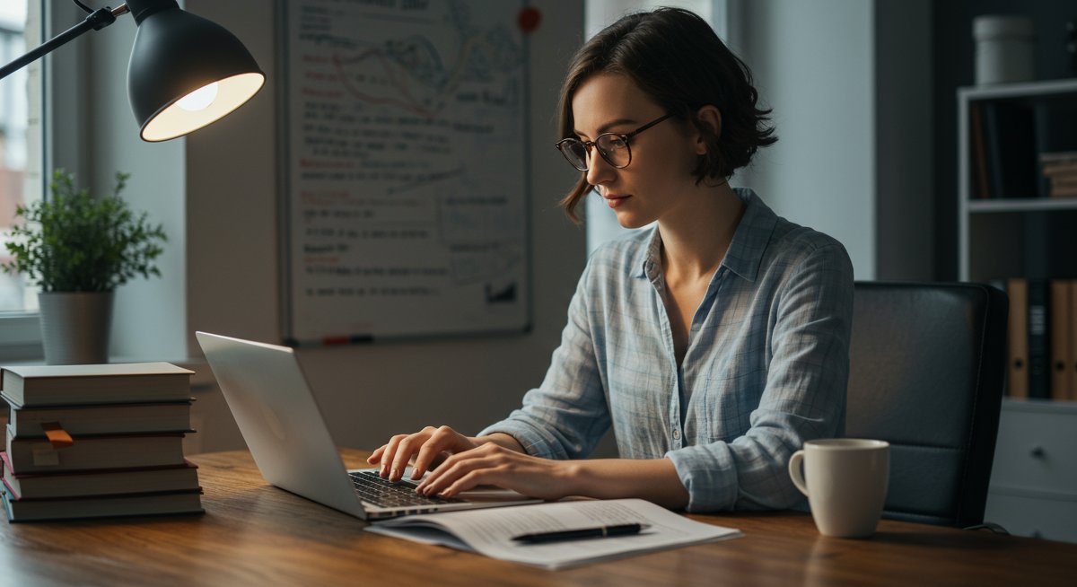 Adult learner engaged in coding practice with professional workspace essentials