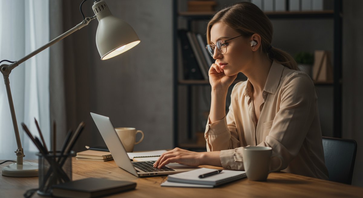 Professional woman reviewing online courses for career advancement in a modern office environment