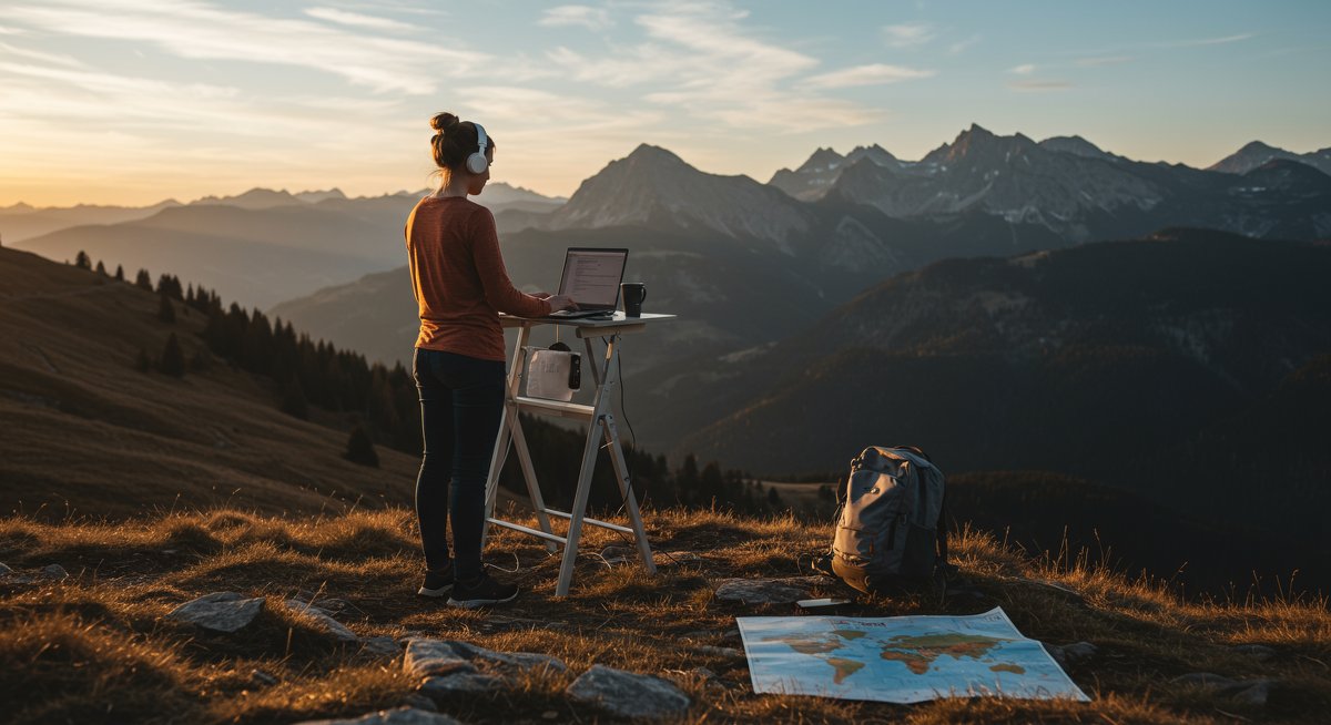 Professional remote work setup for digital nomads in mountainous landscape