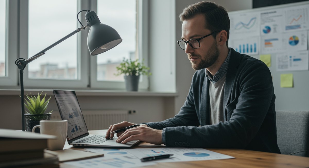 European P2P investor reviewing EUR investment strategies in professional workspace with financial documents and regulatory information