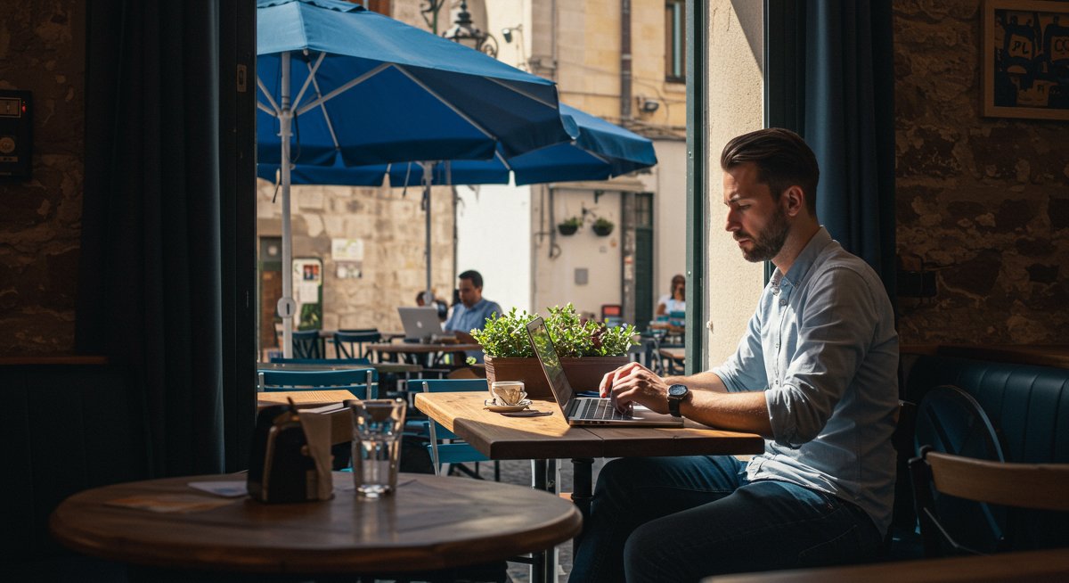 Experienced traveler using device to discover unique international activities in authentic café setting