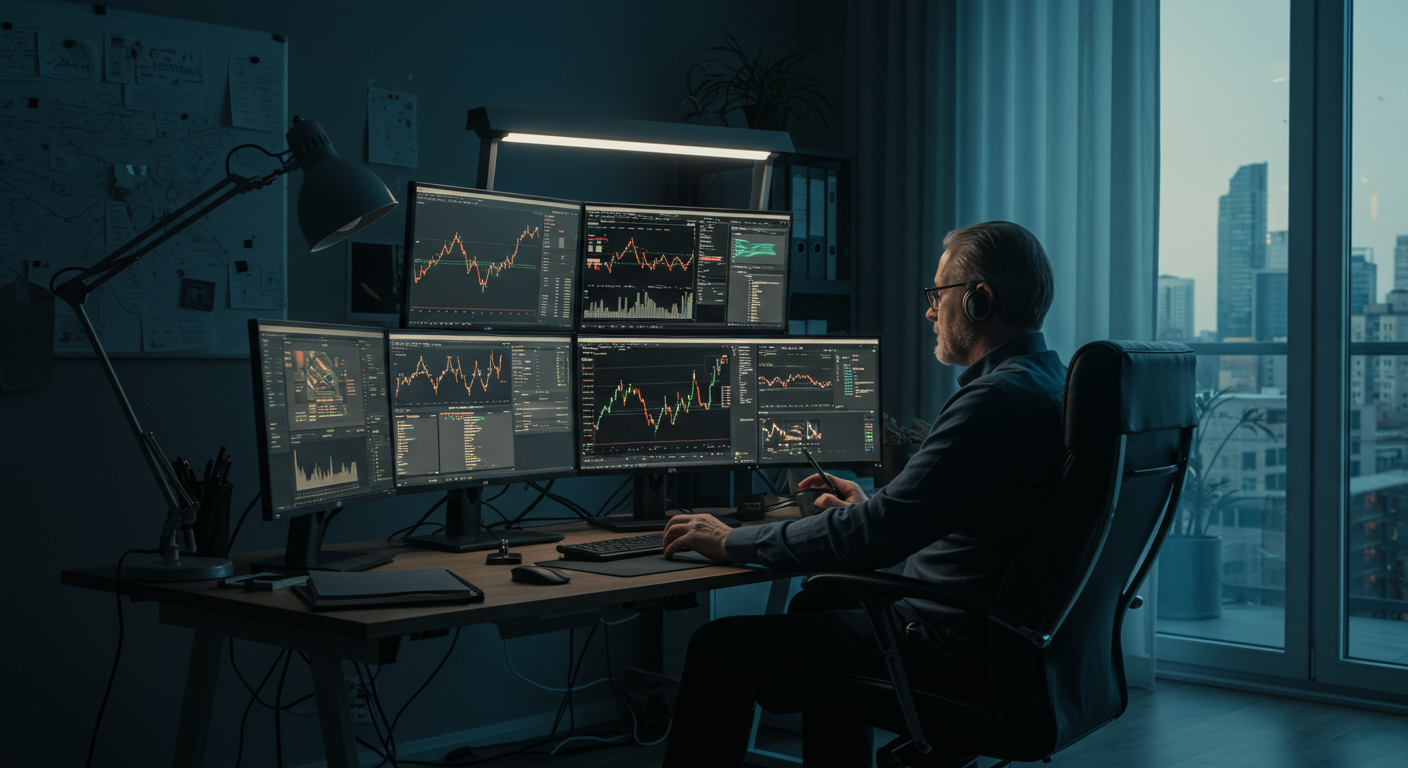 Experienced crypto trader analyzing charts on multiple monitors in a modern office, focused on recovering funds from a failed crypto swap.