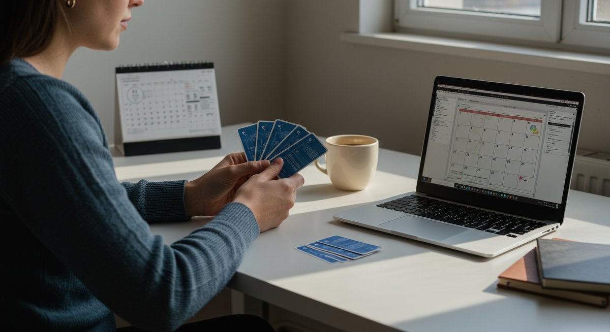 Adult learner using memory techniques with flashcards and digital tools in a professional study environment