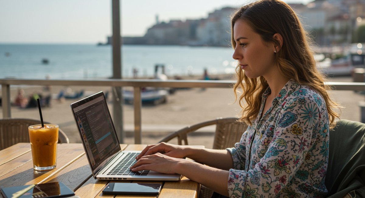 Determined female digital nomad focusing on cybersecurity while working remotely from a beachside cafe in Lisbon