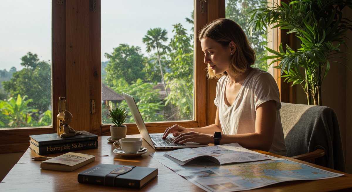 Budget travel for digital nomads: Affordable nomad destinations 2025 - Young woman working from a hostel in Bali with travel essentials and regional map