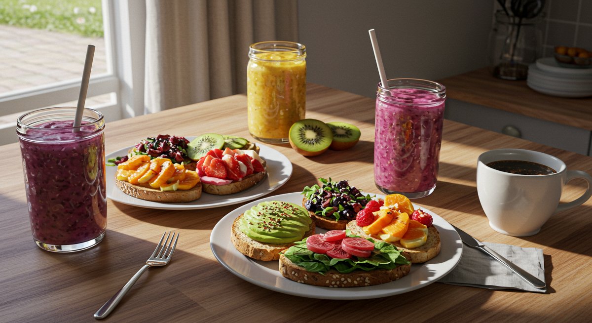 Delicious vegan breakfast with fresh fruit, avocado toast, and plant-based smoothie for quick plant-based starts