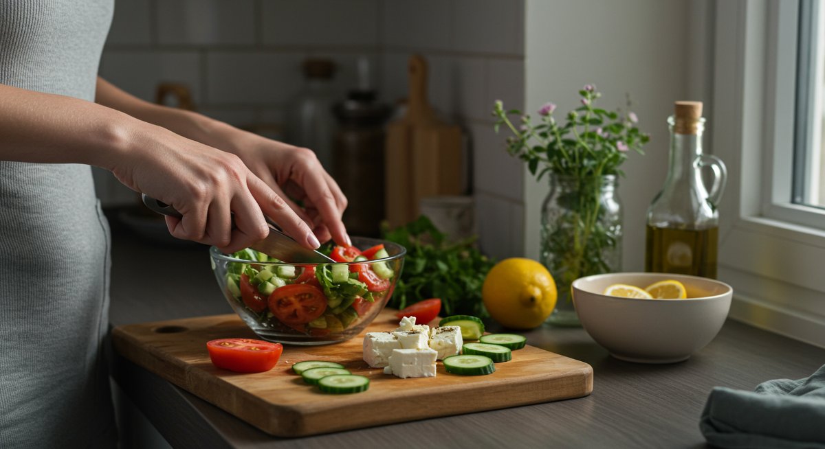 Fresh Mediterranean salad with tomatoes, cucumbers, feta cheese, and olives prepared in a modern kitchen with natural light