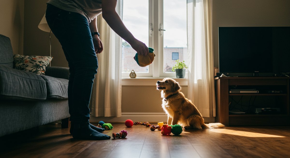 Experienced pet parent playing fetch with dog indoors using interactive toys for mental stimulation