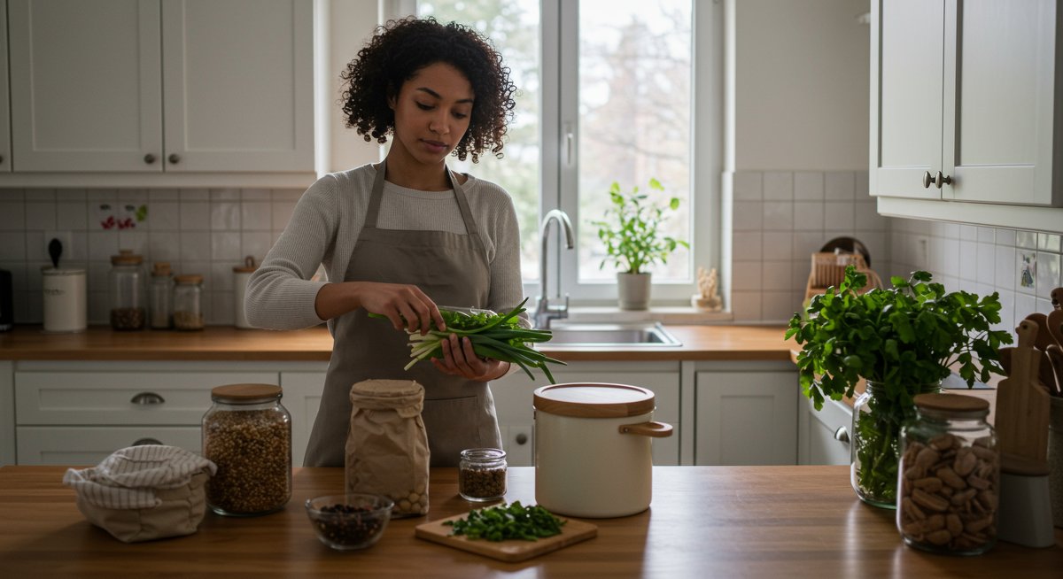 Zero-waste kitchen setup with bulk containers, compost bin, and fresh herbs. A sustainable kitchen solution for beginners.