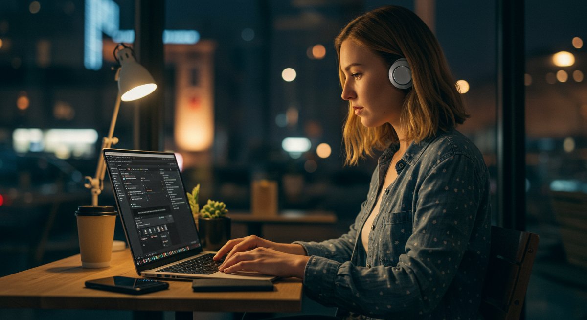 Female digital nomad focusing on remote work cybersecurity in a modern co-working space