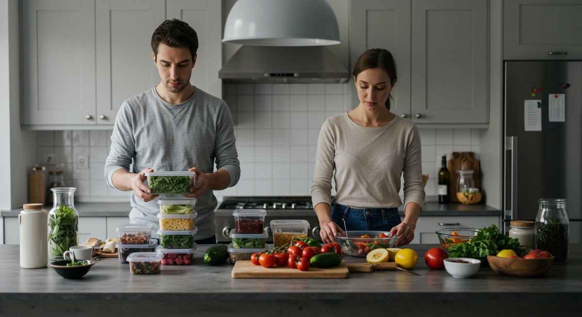 Professional illustration of experienced vegans meal prepping with organized containers, fresh produce, and recipe cards in a modern kitchen.