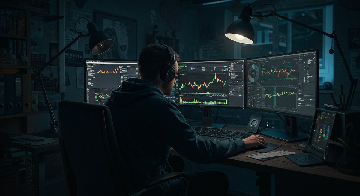 Bitcoin trading strategy for international investors - third-world trader analyzing crypto markets in gritty crypto lair