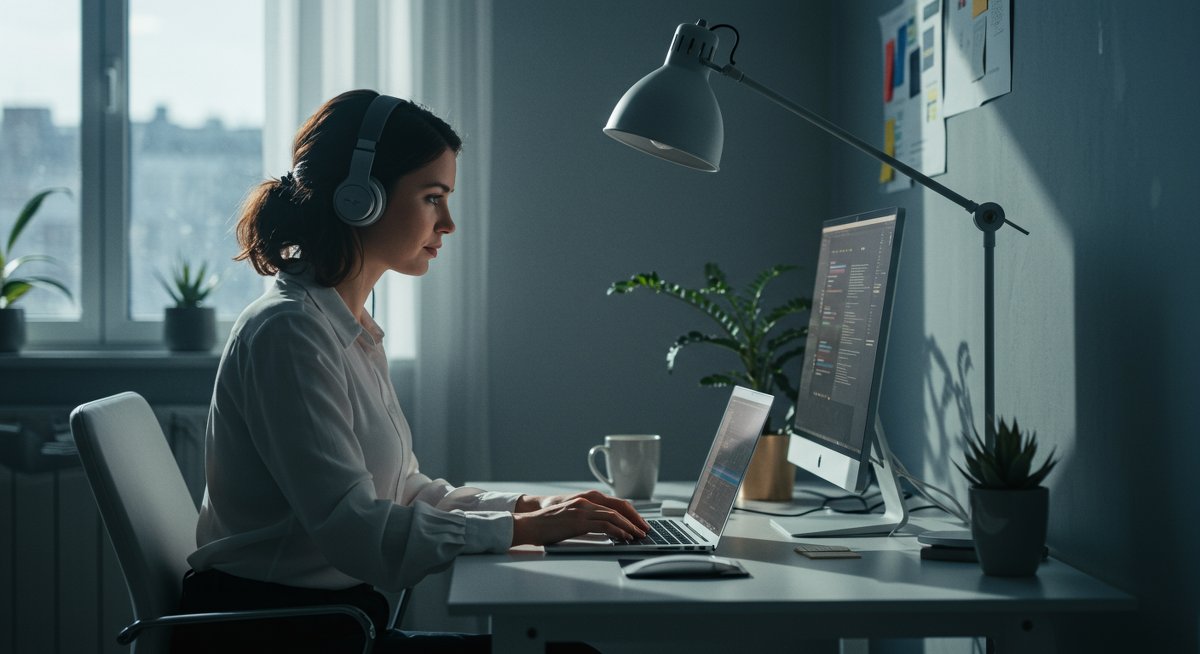 Remote employee guide illustration showing a woman establishing a productive workspace in a co-working environment