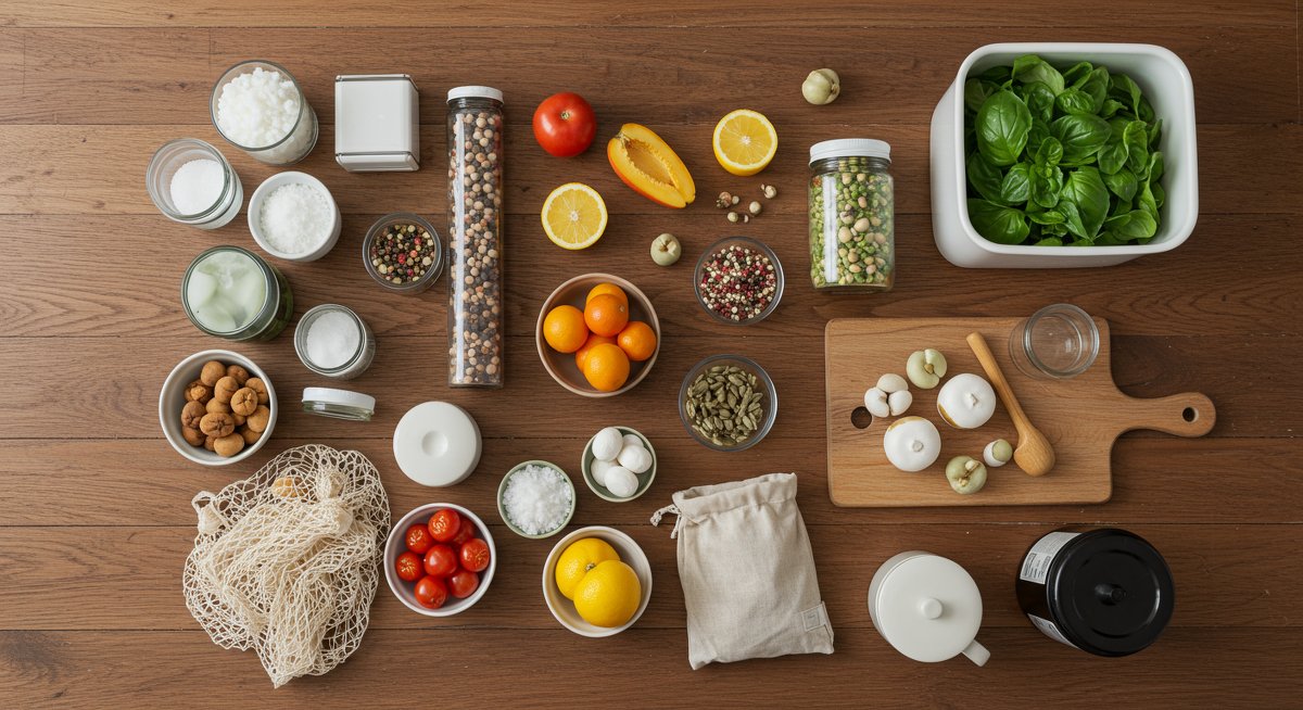 Zero-waste kitchen makeover with bulk containers, reusable produce bags, and compost bin showcasing sustainable kitchen swaps