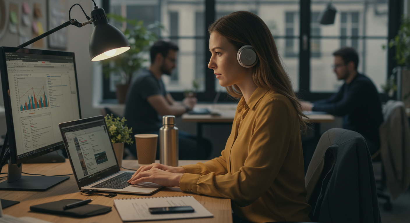 Digital nomad securing laptop in co-working space. Cybersecurity tips for remote workers.